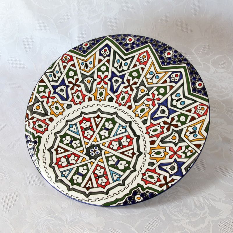 Plat à tarte en céramique de Fès, motifs traditionnels, diamètre 31cm