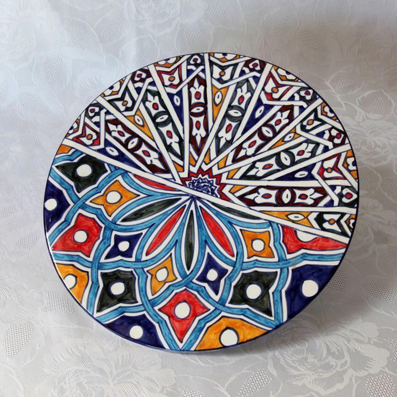 Plat à tarte en céramique de Fès, motifs traditionnels, diamètre 31cm