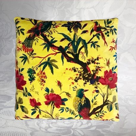 Housse de coussin velours à motif floral, jaune