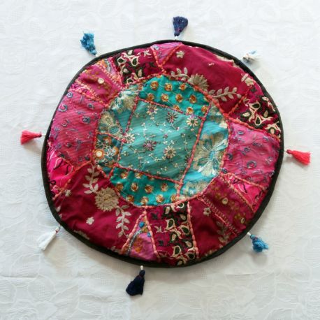 Pouf tissu indien patchwork rose et bleu