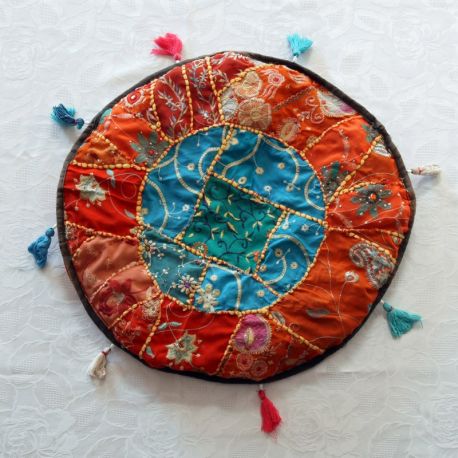 Pouf tissu indien patchwork orange et bleu