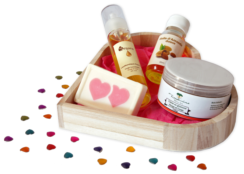 Coffret cadeau Saint-Valentin, huile d'argan, huile d'amande douce, crème au rhassoul et savon fantaisie