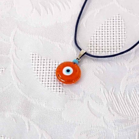 Oeil Turc orange transparent, pendentif avec cordon - perle bleue