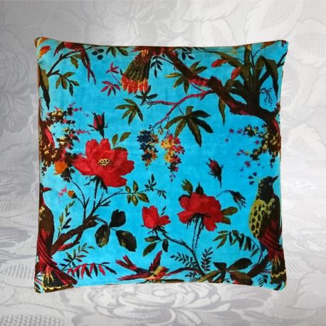 Housse de coussin velours à motif floral, bleu
