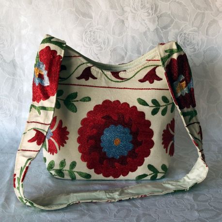 Sac besace tissu écru motif floral