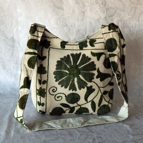 Sac besace tissu écru motif floral vert